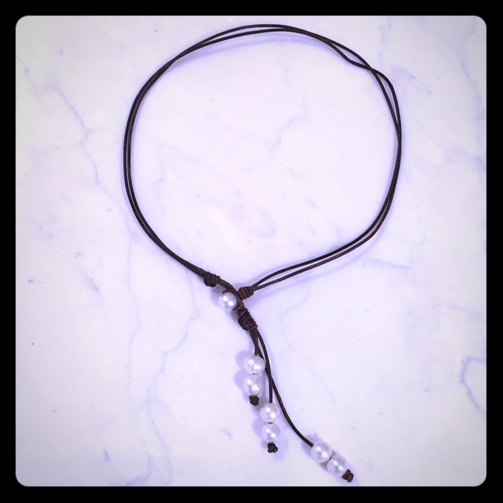 Lariat Leather & Pearl Necklace